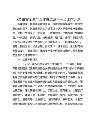 XX镇安全生产工作总结及下一步工作计划