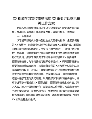 XX街道学习宣传贯彻视察XX重要讲话指示精神工作方案