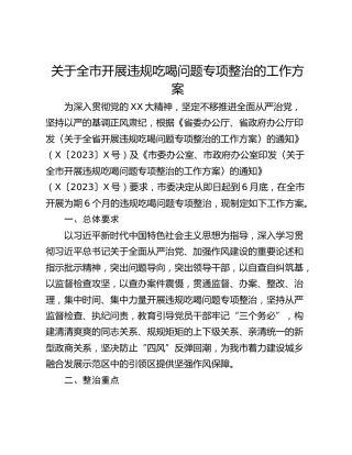 关于全市开展违规吃喝问题专项整治的工作方案