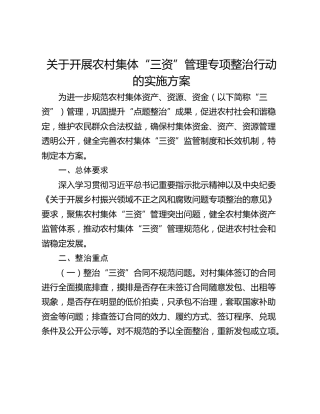 关于开展农村集体“三资”管理专项整治行动的实施方案