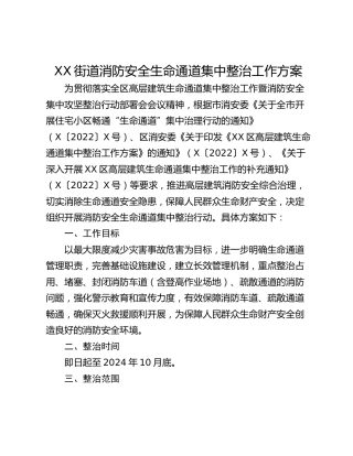 XX街道消防安全生命通道集中整治工作方案