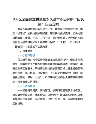 XX区全面建立耕地和永久基本农田保护“田长制”实施方案