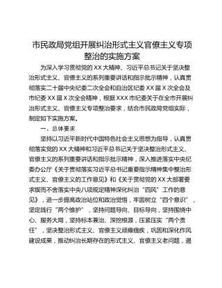 市民政局党组开展纠治形式主义官僚主义专项整治的实施方案