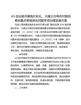 XX自治县开展高价彩礼、大操大办等农村移风易俗重点领域突出问题专项治理实施方案