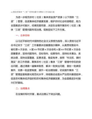 xx镇农村集体“三资”管理问题专项整治工作实施方案