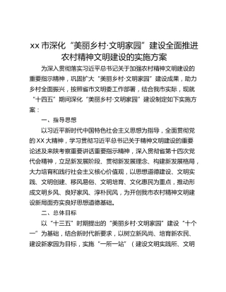 xx市深化“美丽乡村·文明家园”建设全面推进农村精神文明建设的实施方案