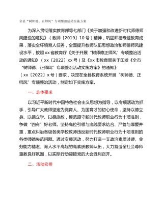 全县“树师德、正师风”专项整治活动实施方案
