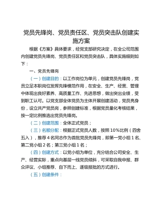 党员先锋岗、党员责任区、党员突击队创建实施方案