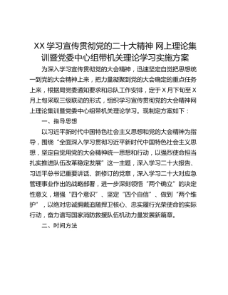 XX学习宣传贯彻党的二十大精神 网上理论集训暨党委中心组带机关理论学习实施方案