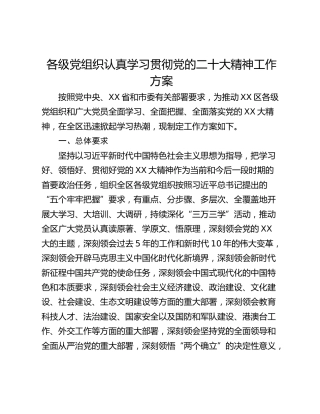 各级党组织认真学习贯彻党的二十大精神工作方案