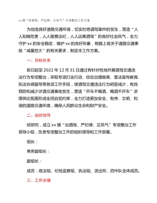 xx镇“治酒驾、严纪律、正风气”专项整治工作方案