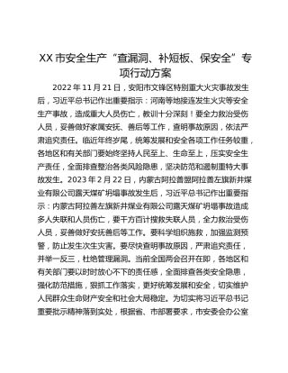 XX市安全生产“查漏洞、补短板、保安全”专项行动方案