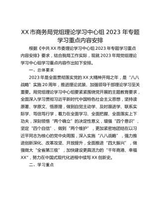 XX市商务局党组理论学习中心组 2023 年专题学习重点内容安排