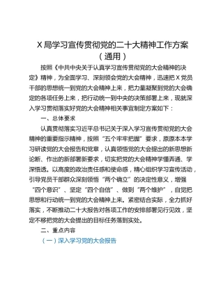 X局学习宣传贯彻党的二十大精神工作方案（通用）