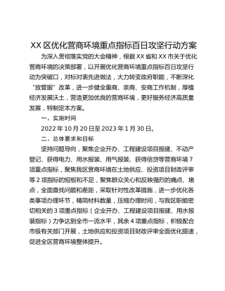 XX区优化营商环境重点指标百日攻坚行动方案