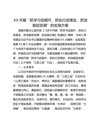 XX开展“抓学习促提升、抓执行促落实、抓效能促发展”的实施方案