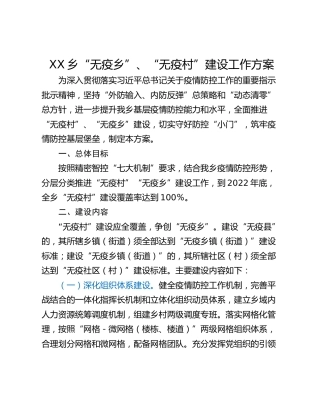 XX乡“无疫乡”、“无疫村”建设工作方案
