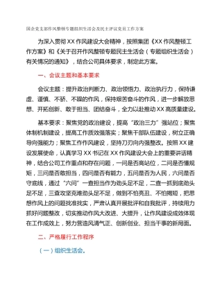 国企党支部作风整顿专题组织生活会及民主评议党员工作方案