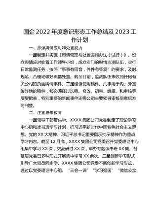 国企2022年度意识形态工作总结及2023工作计划