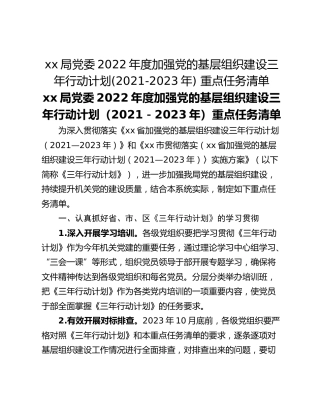 xx局党委2022年度加强党的基层组织建设三年行动计划(2021-2023年) 重点任务清单