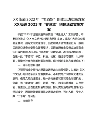 XX街道2022年“零酒驾”创建活动实施方案