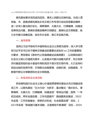 xxx乡推进移风易俗乡风文明三年专项行动实施方案（2022－2024年）
