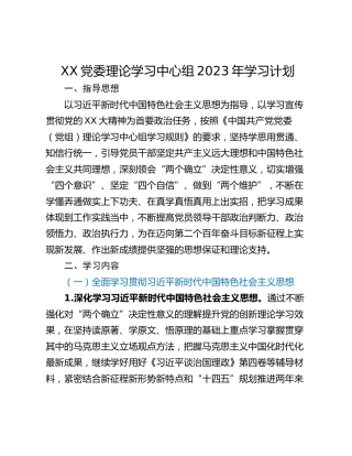 XX党委理论学习中心组2023年学习计划