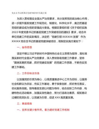 党总支书记抓基层党建突破项目实施方案