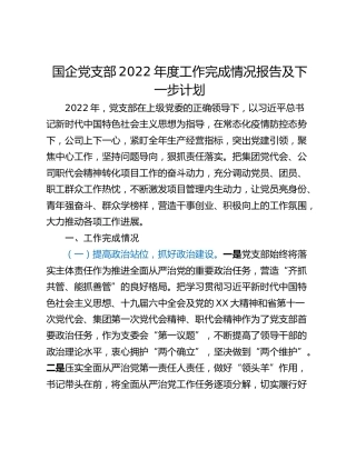 国企党支部2022年度工作完成情况报告及下一步计划