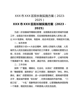 XXX市XXX区街长制实施方案（2023-2025）