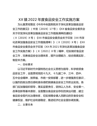 XX镇2022年度食品安全工作实施方案