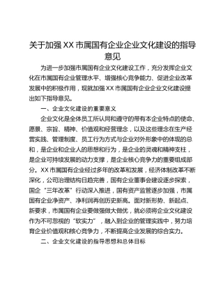 关于加强XX市属国有企业企业文化建设的指导意见