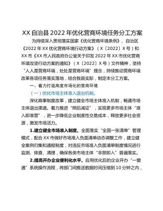XX自治县2022年优化营商环境任务分工方案