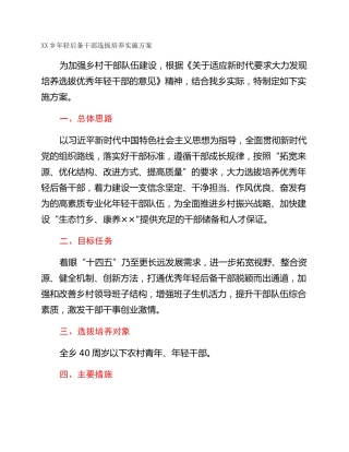 XX乡年轻后备干部选拔培养实施方案
