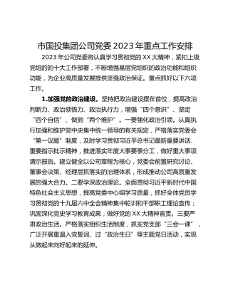 市国投集团公司党委2023年重点工作安排