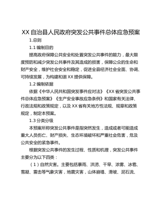 XX自治县人民政府突发公共事件总体应急预案