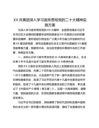 XX共青团深入学习宣传贯彻党的二十大精神实施方案