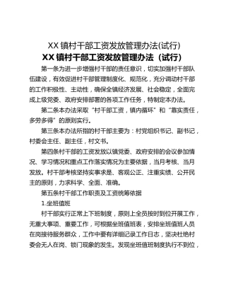 XX镇村干部工资发放管理办法(试行)
