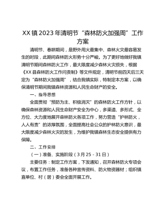XX镇2023年清明节“森林防火加强周”工作方案
