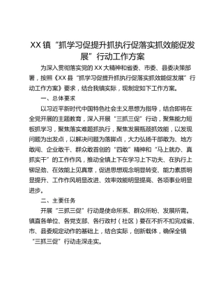 XX镇“抓学习促提升抓执行促落实抓效能促发展”行动工作方案