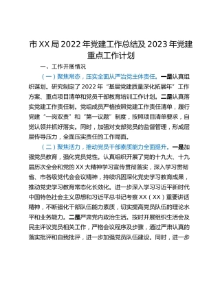 市XX局2022年党建工作总结及2023年党建重点工作计划