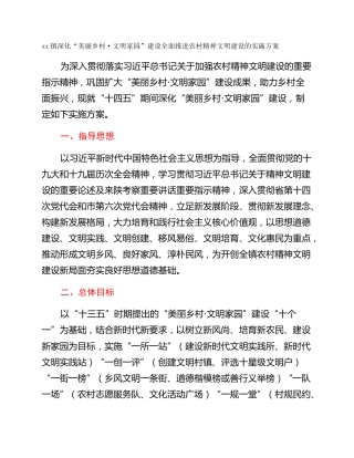 xx镇深化“美丽乡村·文明家园”建设全面推进农村精神文明建设的实施方案
