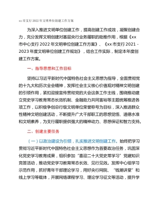 xx市支行2022年文明单位创建工作方案