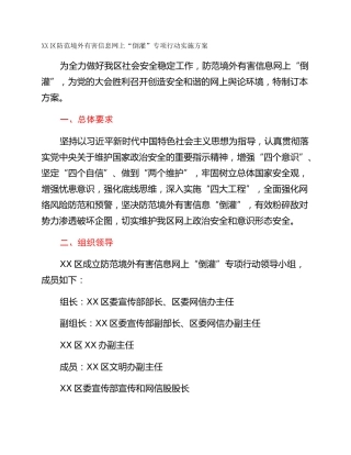 XX区防范境外有害信息网上“倒灌”专项行动实施方案