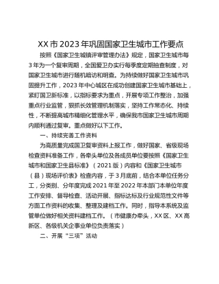 XX市2023年巩固国家卫生城市工作要点