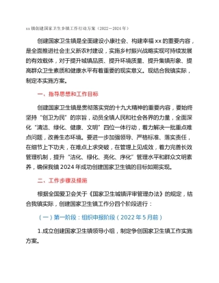 xx镇创建国家卫生乡镇工作行动方案（2022－2024年）