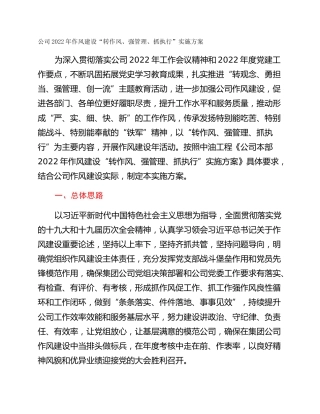 公司2022年作风建设“转作风、强管理、抓执行”实施方案