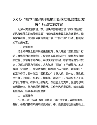XX乡“抓学习促提升抓执行促落实抓效能促发展”行动实施方案
