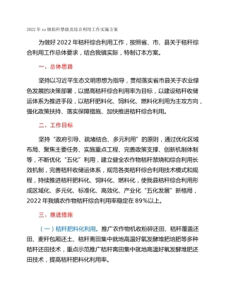 2022年xx镇秸秆禁烧及综合利用工作实施方案