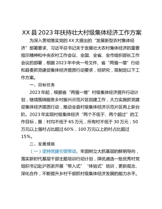 XX县2023年扶持壮大村级集体经济工作方案